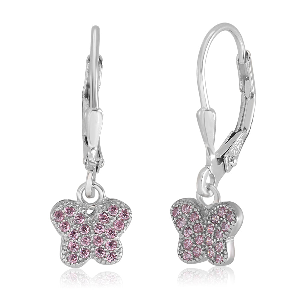 Butterfly Leverback Earrings in Sterling Silver with CZ Pavé