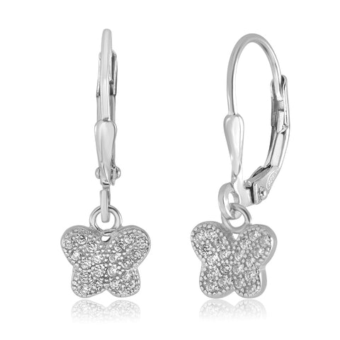 Butterfly Leverback Earrings in Sterling Silver with CZ Pavé