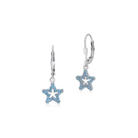 UNICORNJ Sterling Silver 925 Open Star Dangle Leverback Earrings with Pave Cubic Zirconia Italy