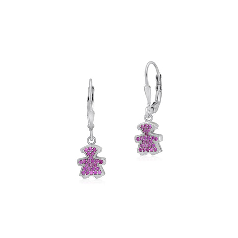 UNICORNJ Sterling Silver 925 Cute Girl Silhouette Charm Dangle Leverback Earrings with Pave or Pink CZ Italy