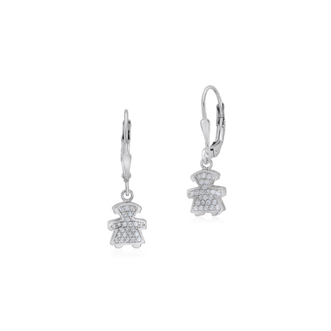 UNICORNJ Sterling Silver 925 Cute Girl Silhouette Charm Dangle Leverback Earrings with Pave or Pink CZ Italy