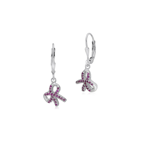 UNICORNJ Sterling Silver 925 Pink or Purple Bow Charm Dangle Leverback Earrings with Pave CZ Italy