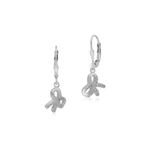 UNICORNJ Sterling Silver 925 Pink or Purple Bow Charm Dangle Leverback Earrings with Pave CZ Italy