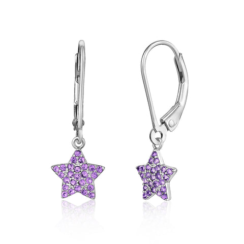 UNICORNJ Sterling Silver 925 Star Dangle Leverback Earrings with Pave Cubic Zirconia Italy