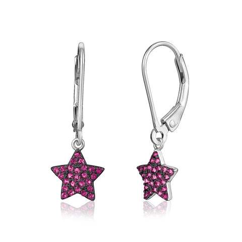 UNICORNJ Sterling Silver 925 Star Dangle Leverback Earrings with Pave Cubic Zirconia Italy