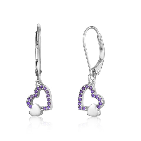 UNICORNJ Sterling Silver 925 Tilted Heart Outline Dangle Leverback Earrings with Pave CZ Italy