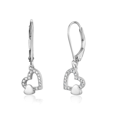 UNICORNJ Sterling Silver 925 Tilted Heart Outline Dangle Leverback Earrings with Pave CZ Italy