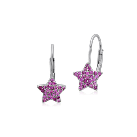 UNICORNJ Sterling Silver 925 Pink or Purple Star Leverback Earrings with Pave CZ Italy