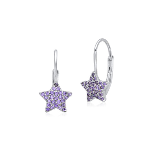 UNICORNJ Sterling Silver 925 Pink or Purple Star Leverback Earrings with Pave CZ Italy