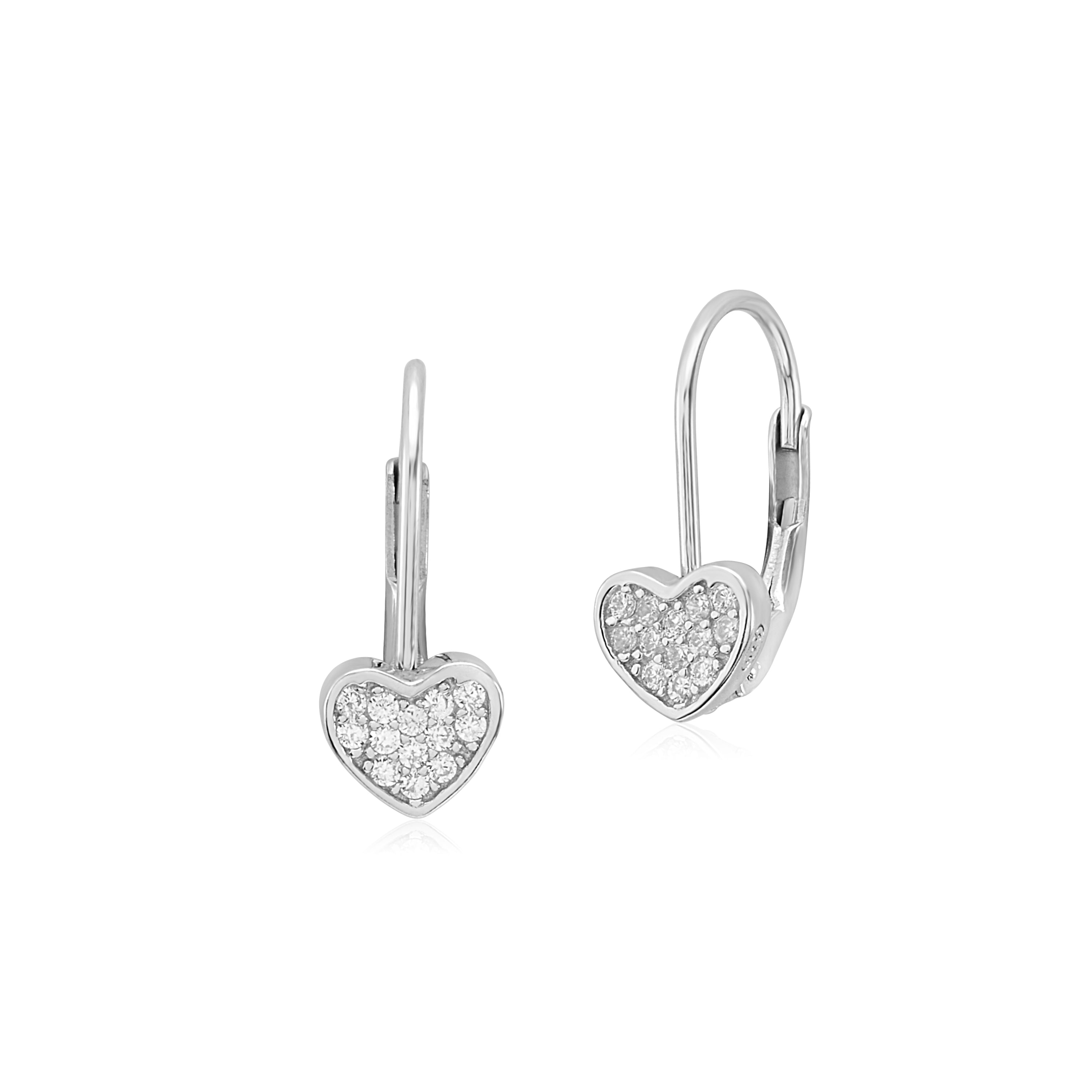 UNICORNJ Sterling Silver 925 or Dark Pink Kids Small Fixed Heart Leverback Earrings with Pave CZ Italy