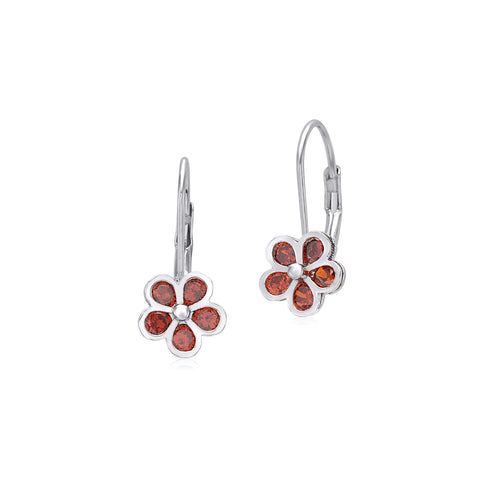Sterling Silver 925 Leverback Earrings 5 Petal Flower with Cubic Zirconia Italy