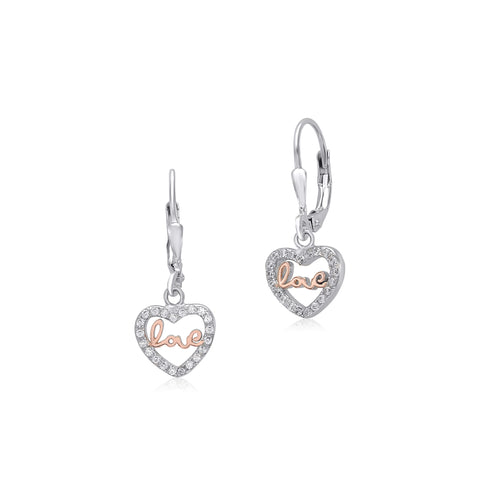 Sterling Silver 925 Dangle Leverback Earrings Heart Outline with CZ's and Love Letters Italy
