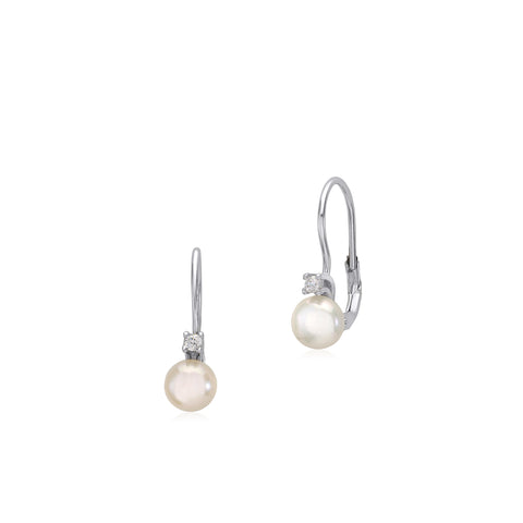Sterling Silver 925 Cultured Pearl Button Leverback Earrings with Cubic Zirconia 6mm Italy