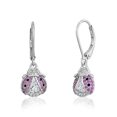 Sterling Silver 925 Large Ladybug Dangle Leverback Earrings with Pave Cubic Zirconia Italy