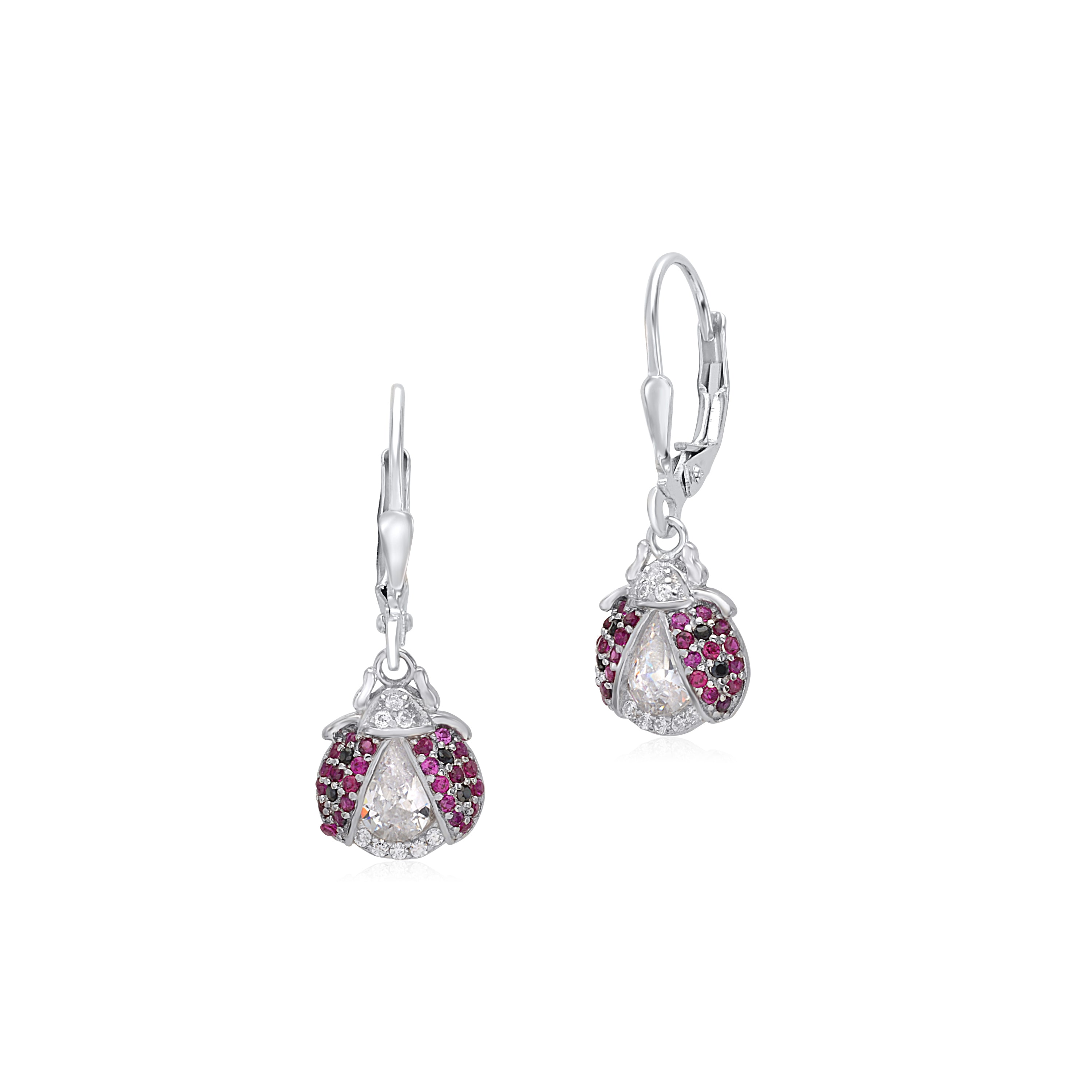 Sterling Silver 925 Large Ladybug Dangle Leverback Earrings with Pave Cubic Zirconia Italy