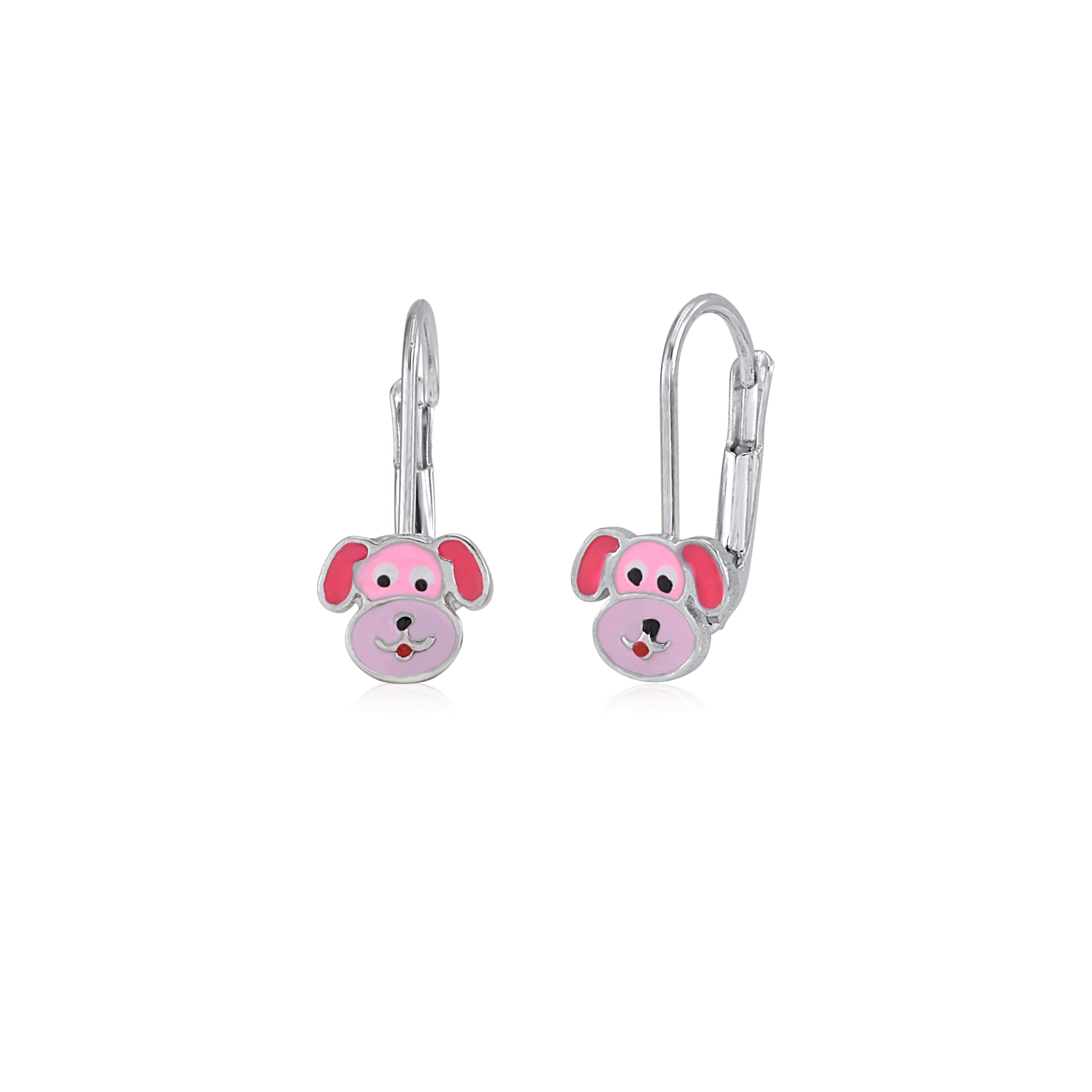 Childrens Sterling Silver 925 Cute Puppy Dog Earrings Leverback with Pink Enamel