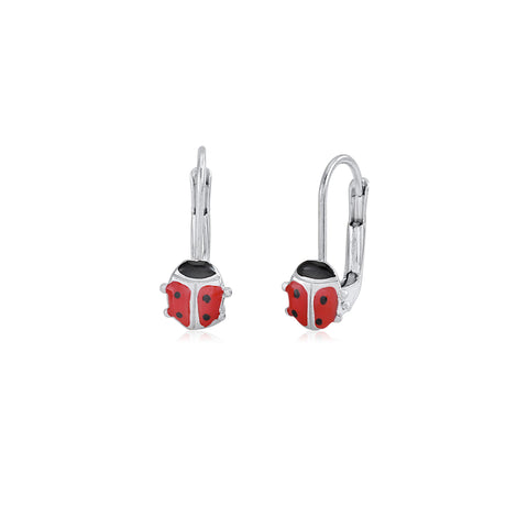 Childrens Sterling Silver 925 Ladybug Earrings Leverback with Red Enamel