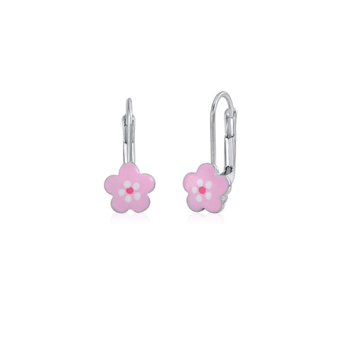 Childrens Sterling Silver 925 Cute Flower Earrings Leverback with Enamel
