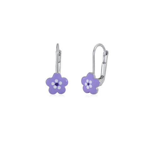 Childrens Sterling Silver 925 Cute Flower Earrings Leverback with Enamel