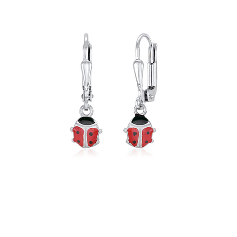 Childrens Sterling Silver 925 Ladybug Earrings Leverback Dangle with Enamel