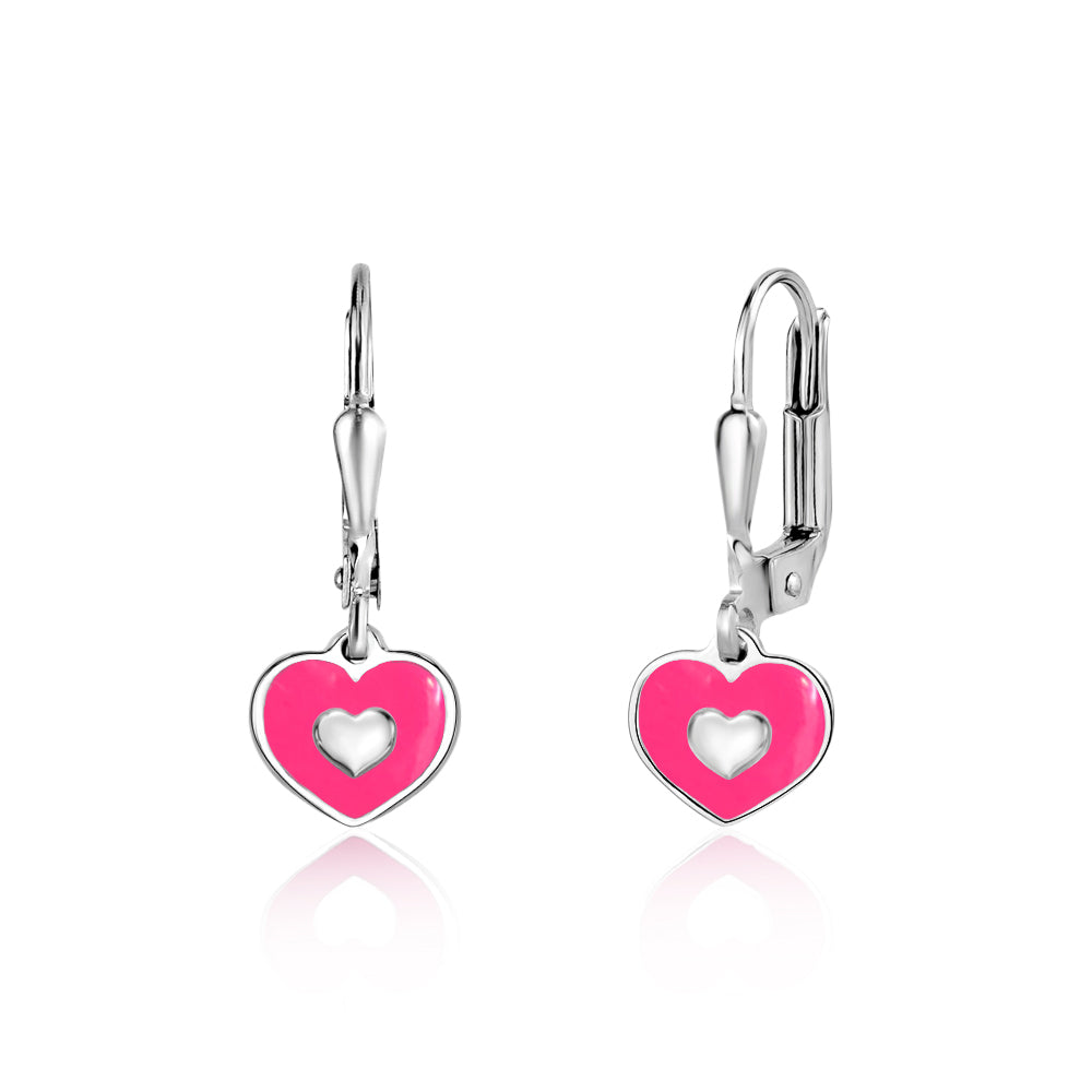 UNICORNJ Sterling Silver 925 Heart Earrings Leverback Dangle for Girls with Enamel Heart in Heart