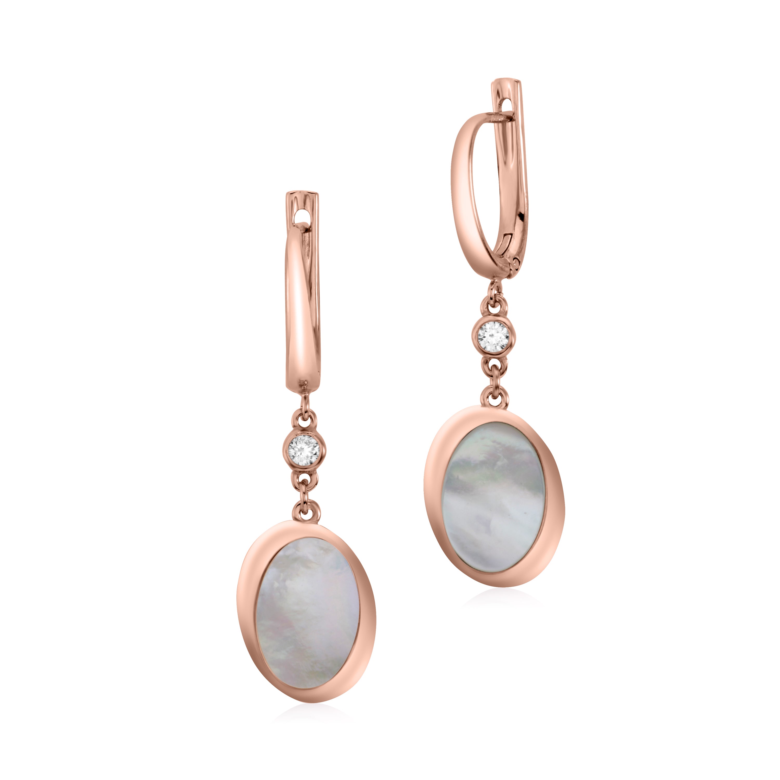 Sterling Silver Leverback Earrings with Bezel Set CZ and Modern Oval Mother of Pearl Dangle