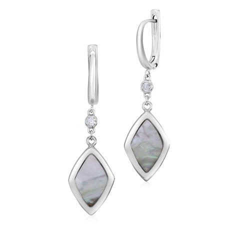 Sterling Silver Leverback Earrings with Bezel Set CZ and Mother of Pearl Dangle