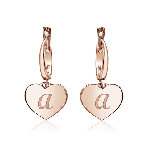 Sterling Silver Rose Gold Plated Girls Heart Dangle Leverback Earrings Initial Engraved Letters A-Z