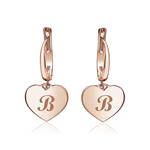Sterling Silver Rose Gold Plated Girls Heart Dangle Leverback Earrings Initial Engraved Letters A-Z