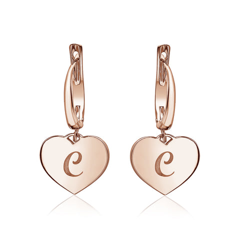 Sterling Silver Rose Gold Plated Girls Heart Dangle Leverback Earrings Initial Engraved Letters A-Z