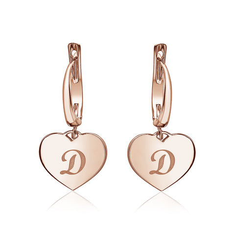 Sterling Silver Rose Gold Plated Girls Heart Dangle Leverback Earrings Initial Engraved Letters A-Z