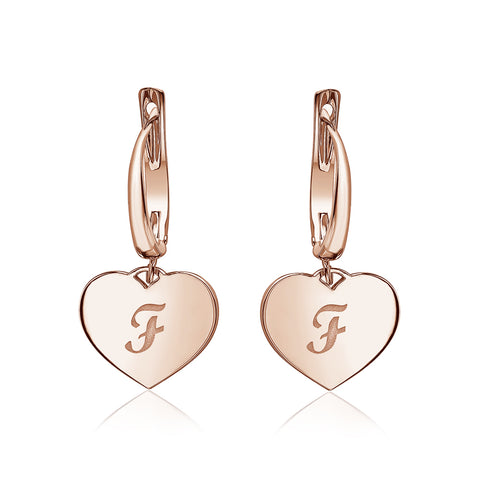 Sterling Silver Rose Gold Plated Girls Heart Dangle Leverback Earrings Initial Engraved Letters A-Z