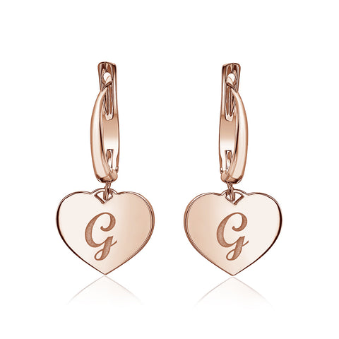 Sterling Silver Rose Gold Plated Girls Heart Dangle Leverback Earrings Initial Engraved Letters A-Z