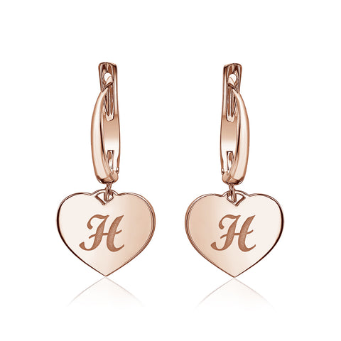Sterling Silver Rose Gold Plated Girls Heart Dangle Leverback Earrings Initial Engraved Letters A-Z