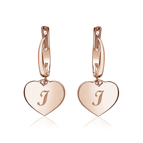 Sterling Silver Rose Gold Plated Girls Heart Dangle Leverback Earrings Initial Engraved Letters A-Z