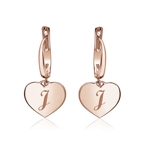 Sterling Silver Rose Gold Plated Girls Heart Dangle Leverback Earrings Initial Engraved Letters A-Z