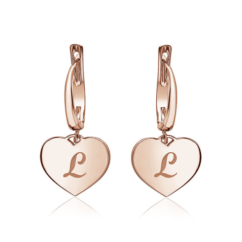Sterling Silver Rose Gold Plated Girls Heart Dangle Leverback Earrings Initial Engraved Letters A-Z