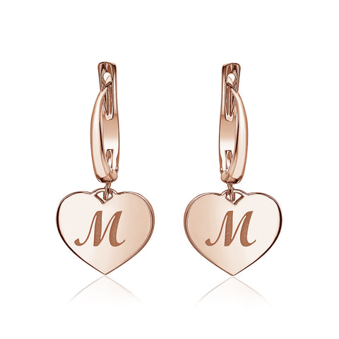 Sterling Silver Rose Gold Plated Girls Heart Dangle Leverback Earrings Initial Engraved Letters A-Z