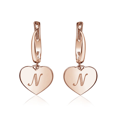 Sterling Silver Rose Gold Plated Girls Heart Dangle Leverback Earrings Initial Engraved Letters A-Z