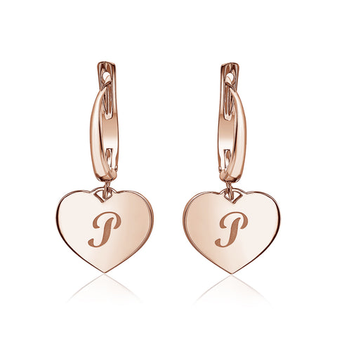 Sterling Silver Rose Gold Plated Girls Heart Dangle Leverback Earrings Initial Engraved Letters A-Z