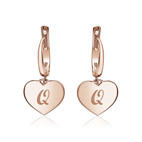 Sterling Silver Rose Gold Plated Girls Heart Dangle Leverback Earrings Initial Engraved Letters A-Z