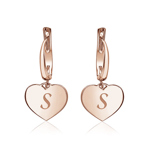 Sterling Silver Rose Gold Plated Girls Heart Dangle Leverback Earrings Initial Engraved Letters A-Z