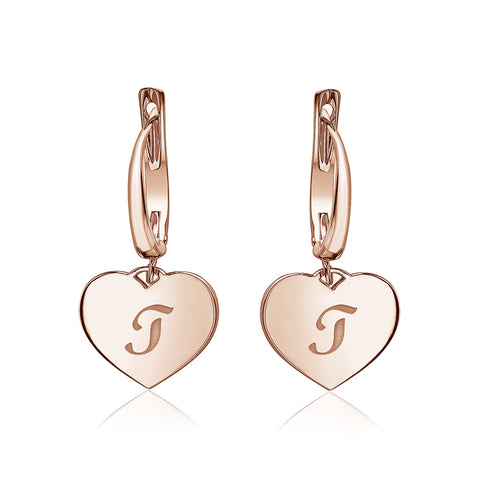 Sterling Silver Rose Gold Plated Girls Heart Dangle Leverback Earrings Initial Engraved Letters A-Z