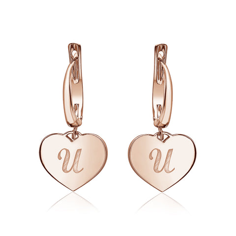 Sterling Silver Rose Gold Plated Girls Heart Dangle Leverback Earrings Initial Engraved Letters A-Z