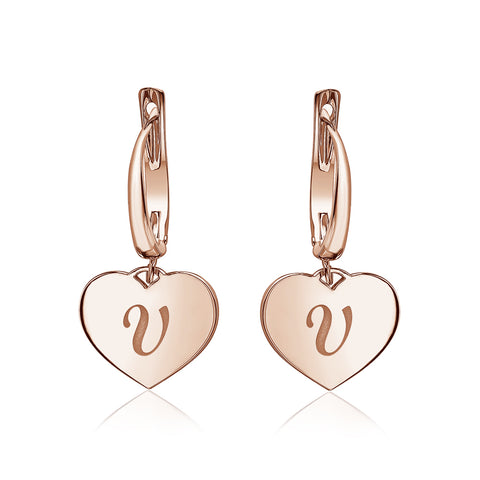 Sterling Silver Rose Gold Plated Girls Heart Dangle Leverback Earrings Initial Engraved Letters A-Z