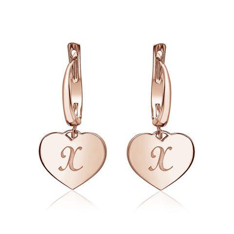 Sterling Silver Rose Gold Plated Girls Heart Dangle Leverback Earrings Initial Engraved Letters A-Z