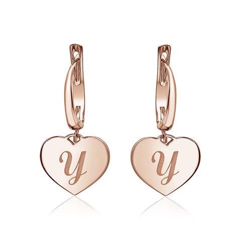 Sterling Silver Rose Gold Plated Girls Heart Dangle Leverback Earrings Initial Engraved Letters A-Z