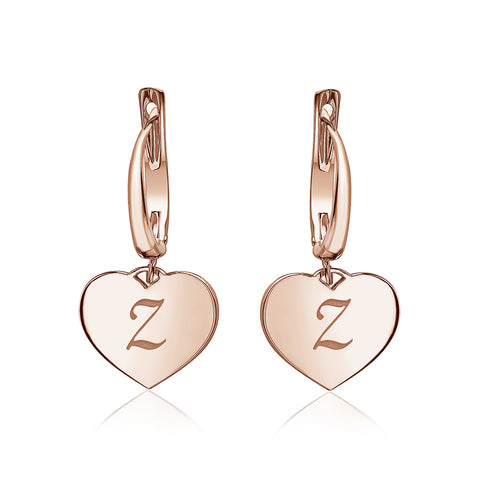 Sterling Silver Rose Gold Plated Girls Heart Dangle Leverback Earrings Initial Engraved Letters A-Z