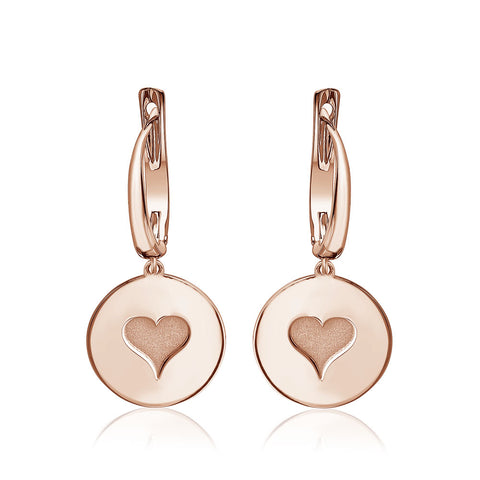 Sterling Silver Rose Gold Plated Girls Round Disc Dangle Leverback Earrings with Engraved Heart