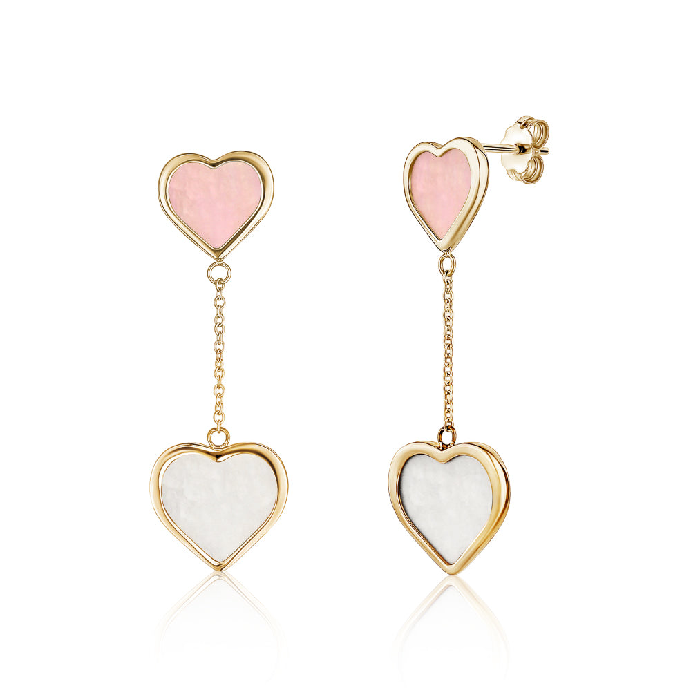 14K Yellow Gold Double Drop Heart Earrings with Mother of Pearl